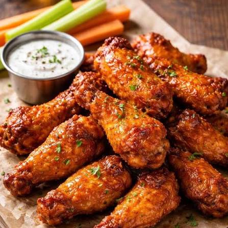Chicken Wings — Alitas de pollo fritas con salsa picante buffalo y aderezo de miel y mostaza.
